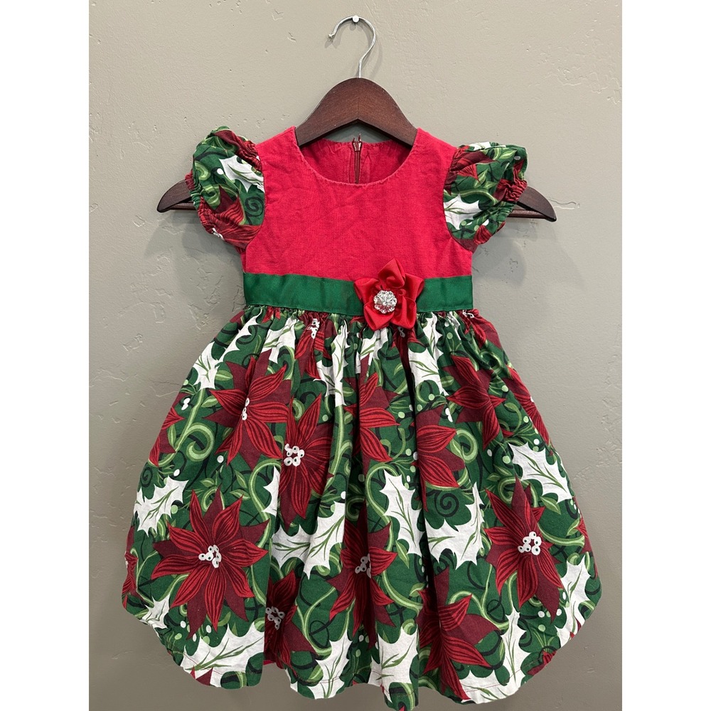 Vtg Christmas Dress Poinsettia Holiday Baby Girl Party Flower 18/24m 2T HandMade